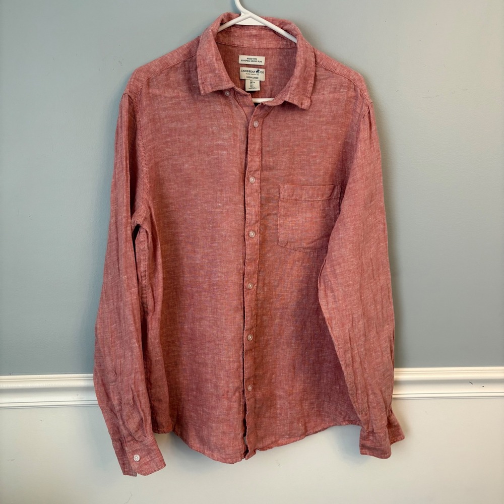 Caribbean Joe Men Coral Pink 100% Flax Linen Long Sleeve Button Down Shirt Large